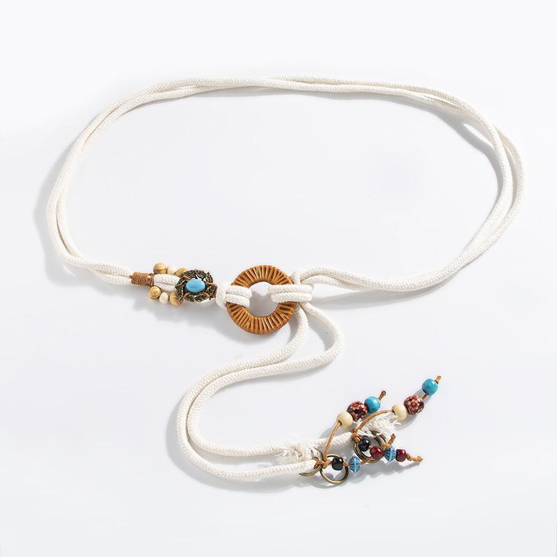 Bohemian Round Wood Waxed Rope Woven and Knotted, Ethnic Style Handcrafted Turquoise Women's Hemp Rope, Leisure and Vacation Style Waist Rope