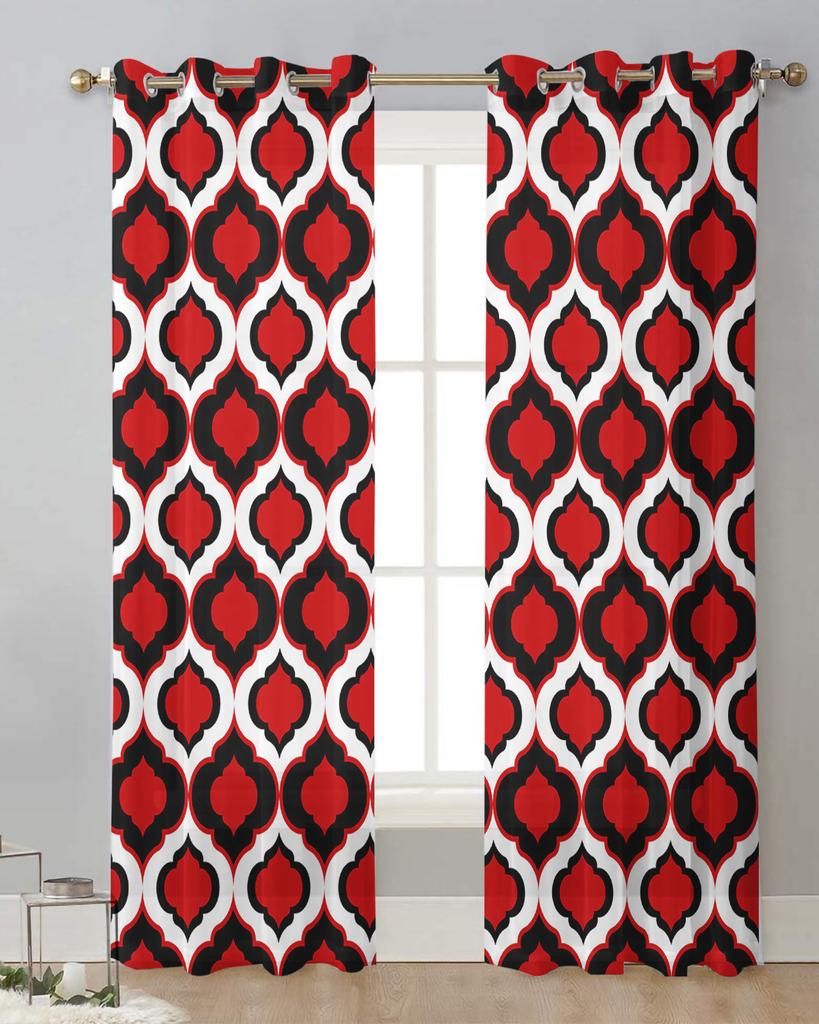 Red Black Moroccan Pattern Sheer Curtains for Living Room Decoration Window Curtains for Kitchen Tulle Voile Organza Curtains