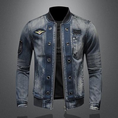 Heavyweight Flight Suit Baseball Collar+denim Coat Men+European +denim Top Large