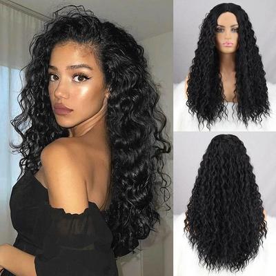 Women Fashion Black Kinky Curly Wig Without Bangs Synthetic Fiber Women Cosplay Party Long Deep Curly Wig