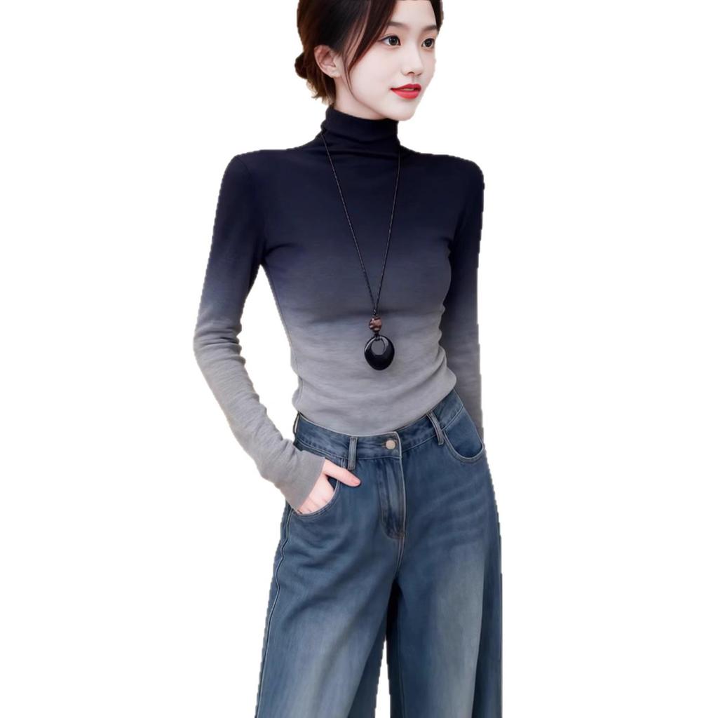 Gradient Half-High Neck Slim Fit Plus Size Women's Top - Autumn/Winter 2025 Fashion
