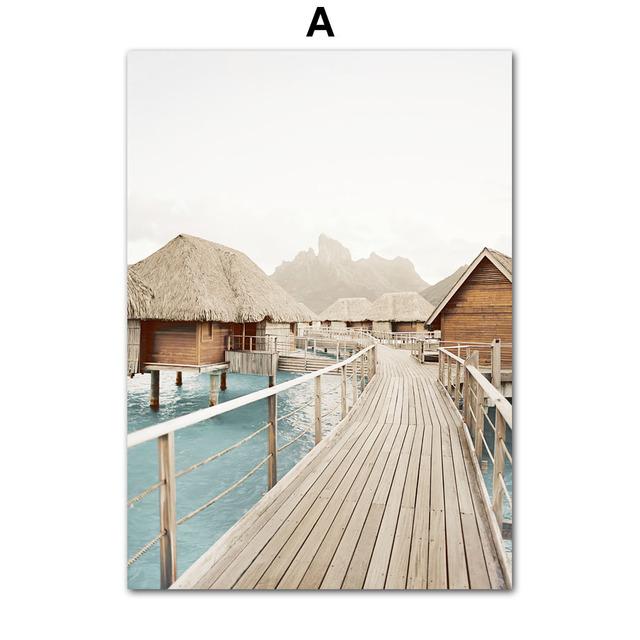 

Деревянный мост с соломенной крышей, морской пляж, тростниковая лодка, настенная живопись на холсте, скандинавские постеры и принты, декор интерьера гостиной 21*30cm