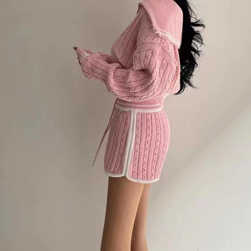 Fashion Knit Women Short Sweater Straight Leg Shorts Autumn Winter Elegant Turn-down Collar Casual Loose Two-piece Set High Waiste Long Sleeve Outfits