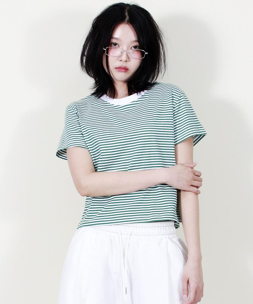 Deumakeu Striped Semi-Crop Short Sleeve T-Shirt Green