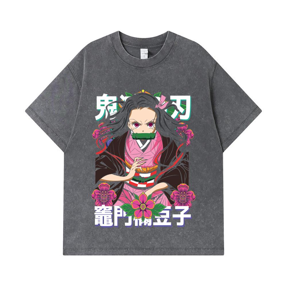 275 GSM Gewaschene T-Shirts 100% Baumwolle Demon Slayer V70 Nezuko Blumenprint Unisex Schweres Baumwoll-T-Shirt