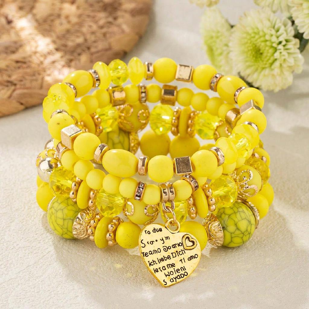 4Pcs Bohemia Acrylic Beaded Bracelet Set For Women Solid Heart Charm Elastic Chain Bangle Men Retro Daily Wear Jewelry Gift