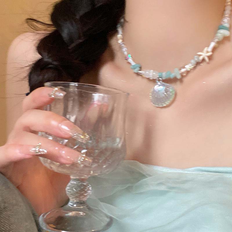 Summer Y2K Cute Shell Starfish Pendant Choker Necklace for Women Elegant Pearl Crystal Beaded Clavicle Chain Party Jewelry Gift