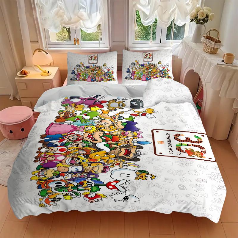 Super Mario Bros 35Th Anniversary Printed 3pcs Bedding Set Soft Microfiber 1 Duvet Cover And 2 Pillowcases Home Bedroom Decor Xmas Gift K1356