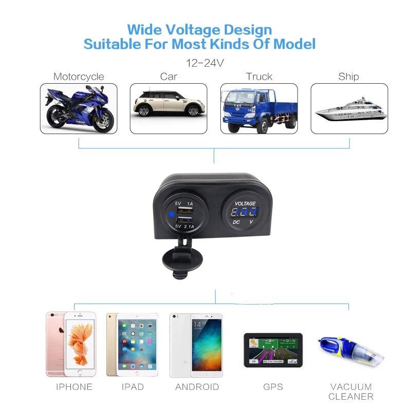 2 Holes Tent Base 3.1A Dual USB Car Charger LED Digital Voltmeter for Motorcycle Boat Marine ATV RV