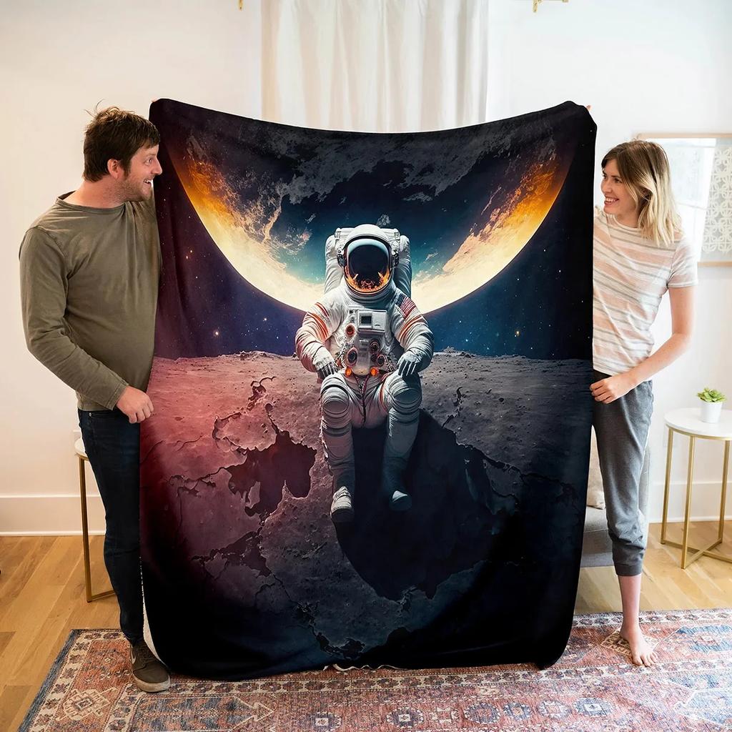Astronaut Flannel Throw Blanket Galaxy Space Planet Pattern Blanket Lightweight Warm Super Soft for Bed Sofa Couch Travel Decor
