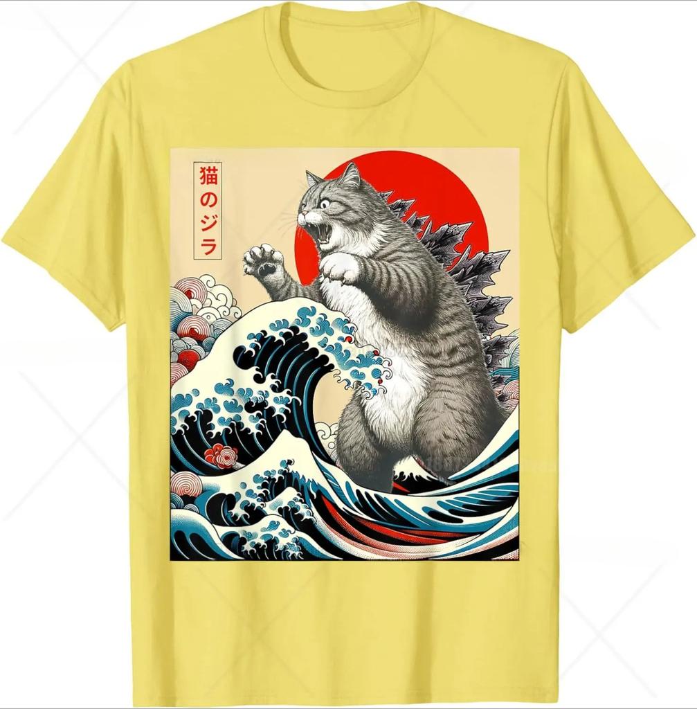 Funny Cartoon Comic Style Japanese Art Catzilla Cat Gifts for Women TShirt Unisex Cotton Oneck Tee Top Fashion Fitness T Shirt