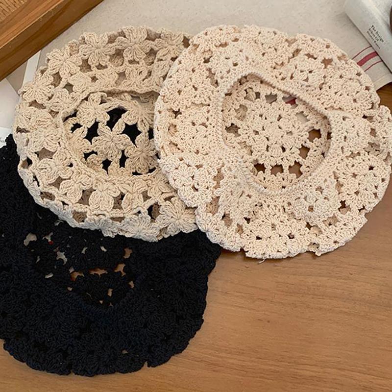 Summer Women'S Solid Color Flower Hollow Beret French Vintage Painter Hat