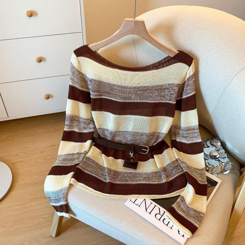 

Чистое желание ветер свободный контрастный полосатый вязаный свитер топ с длинным рукавом женский пояс XL