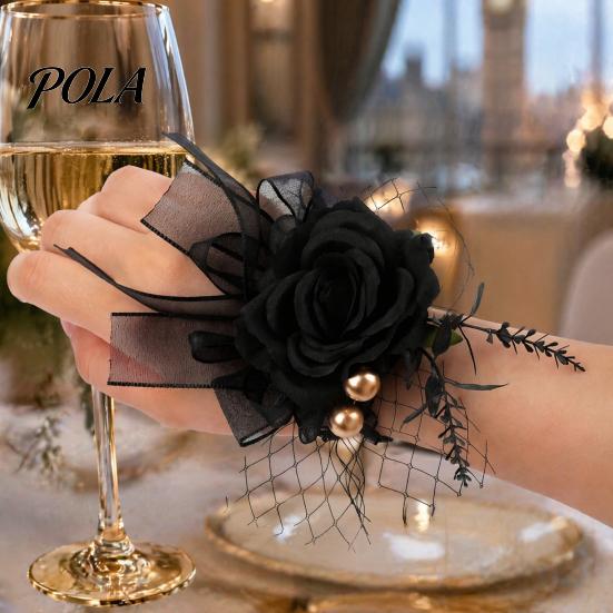 Halloween Wrist Flower Gothic Corsage for Party, Black Wedding Corsage, Romantic Bracelet Floral Accessory Day of The Dead Prom, Bride, Groom,