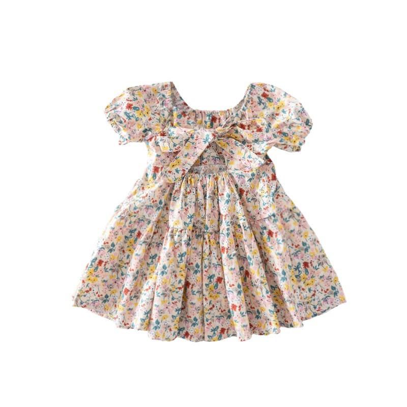 Girls Summer Cotton Floral Princess Dress Stylish Kids Party Dress Pure Cotton Short Sleeve A Line Sundress For Children