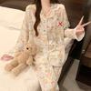 Small fresh women's pajamas spring and autumn sweet lace imitation cotton long-sleeved cartoon bow loungewear set