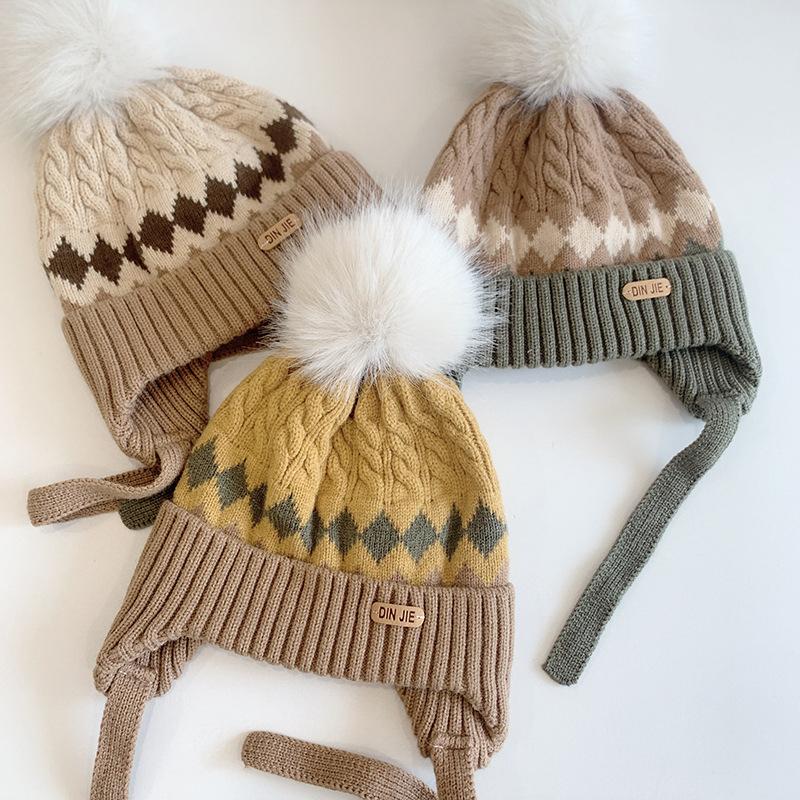 Winter Baby Ear Protection Hat Cute Pompom Infant Earflap Cap Kids Thicken Crochet Knitted Beanie Hats