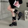 Autumn Winter Corss Strap Women Mid Calf Boots Fashion Slip On Square Heels Shoes Female Modern Trouser Legs Booties