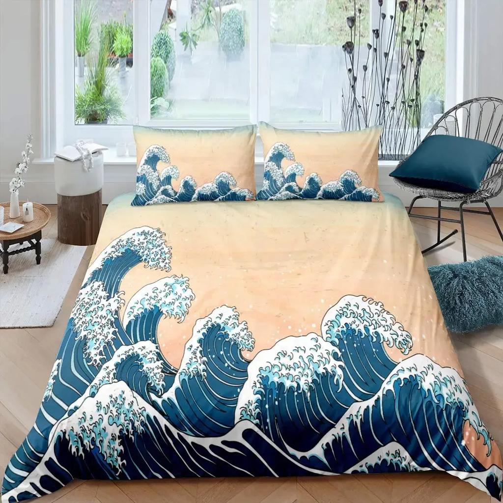 Comforter Japanese Wave King Queen Blue Sea Bedding Set Maple Leaf Moon Hokusai Ukiyo-E Polyester Comforter