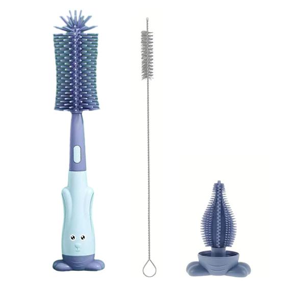 3Pcs/Set Baby Bottle Brush Set Silicone Nylon Bristles 360 Degree Deep Cleaning Cup Brush with Rabbit Shaped Holder