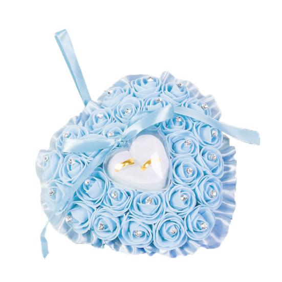 

В форме сердца искусственная роза со стразами, инкрустированная обручальным кольцом, коробка для хранения, подушка светло-синий