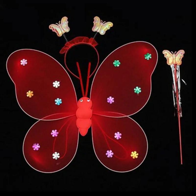 3Pcs/Set Kids Glitter Butterfly Headband Wings Wand Photography Outfit Children Fairy Tale Props
