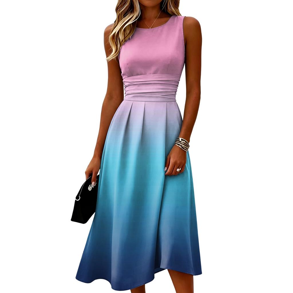 Ärmelloses Freizeitkleid für Damen Rundhalsausschnitt Mittellang Falten im Taillenbereich Bequeme Passform Sommerkleid