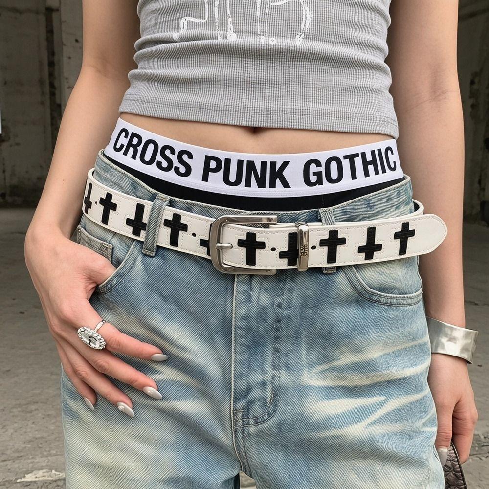 Gothic Punk Belt PU Leather Y2K Belt Fashion Cross Shaped Belt  Jeans Accessories