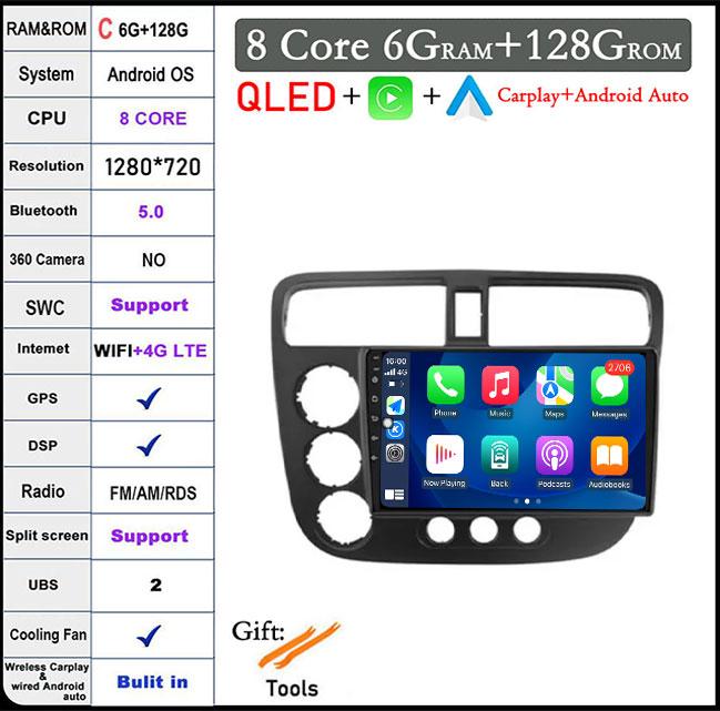 9 Lnch For Honda Civic 7 2000-2006 QLED Android 14 Car Radio Multimedia Video Player GPS AI Voice 4G CarPlay Head Unit Stereo