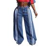 European and American Cross-border Street Fashion Retro Breasted Split Striped Color Matching Jeans Spice Girl Loose Wide-leg Floor Pants