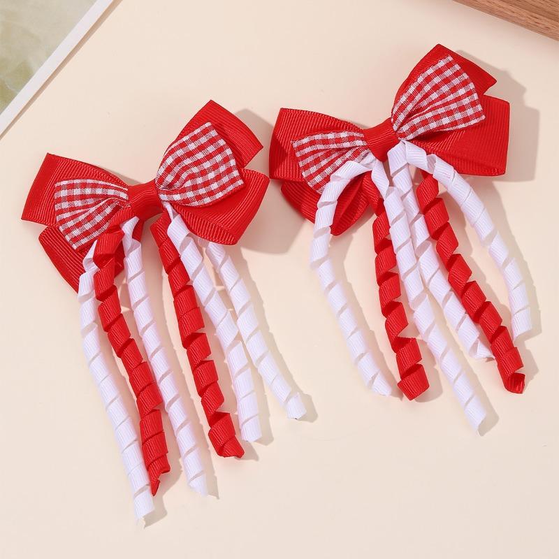 

2Pcs Plaid Ribbon Butterfly Bow Hair Clip with Red Blue Contrasting Spiral Tassel Hair Accessory Girls Sweet Side Clip