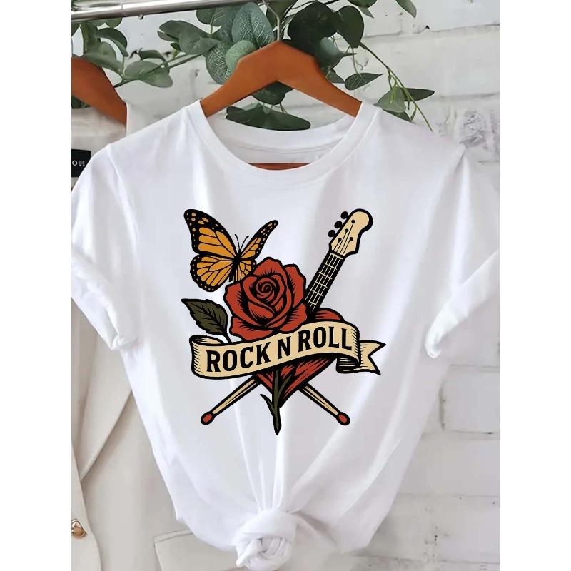 

Европейские размеры Женская футболка большого размера Rock N Roll - Яркий дизайн с бабочкой и розой, Повседневная футболка с коротким рукавом и круглым вырезом S белый