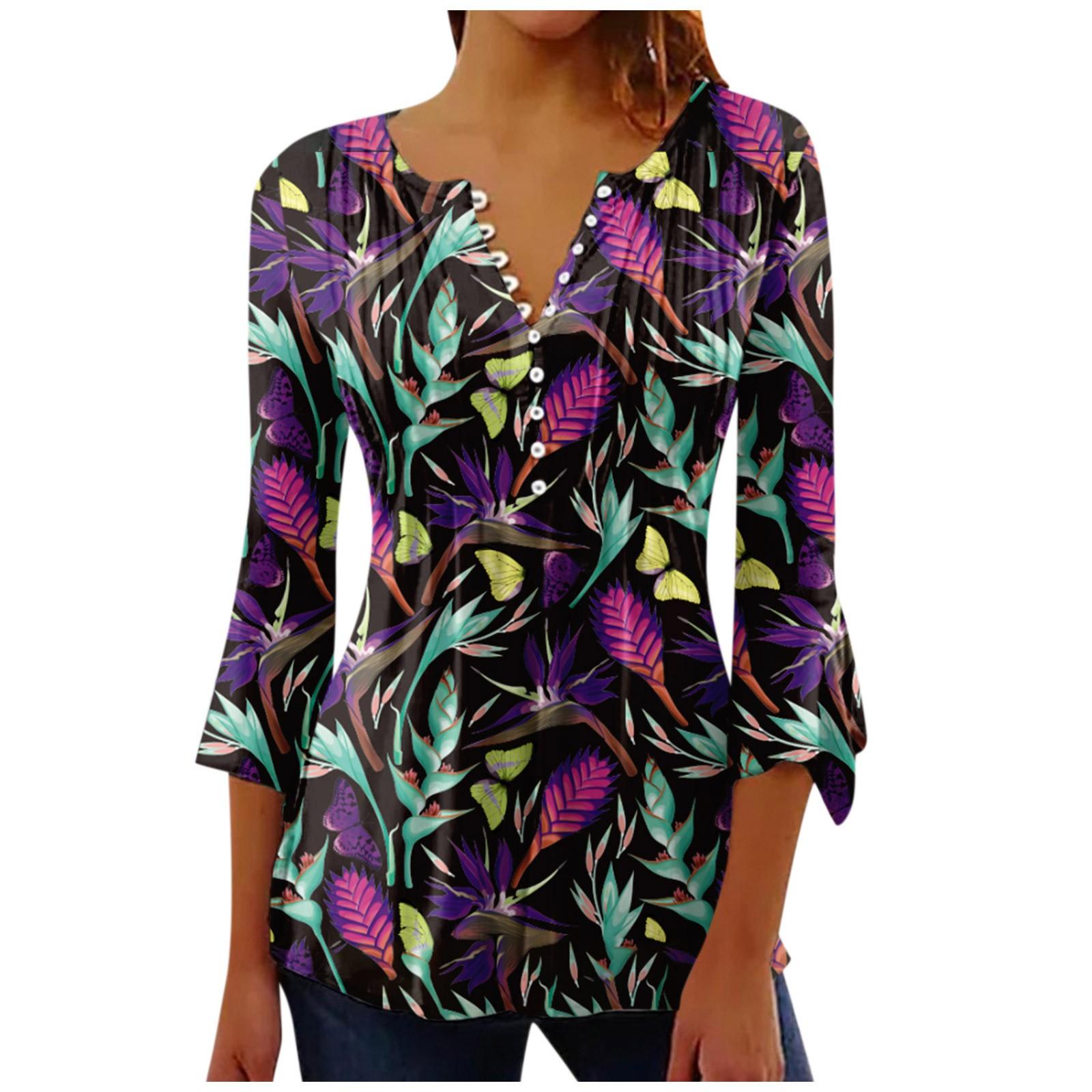 

Топ на пуговицах для женщин, топы с цветочным принтом, повседневный топ с рукавом колокольчиком 3/4 и V-образным вырезом XL фиолетовый