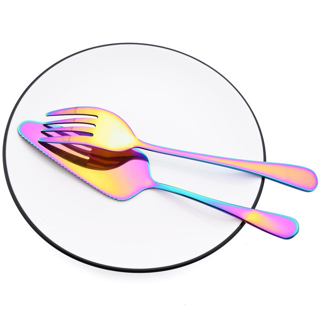 7 stk Flerfarget servisesett Kakespatel Service Suppeskje dørslag skje salatgaffel skjeer bestikksett rustfritt stål servise