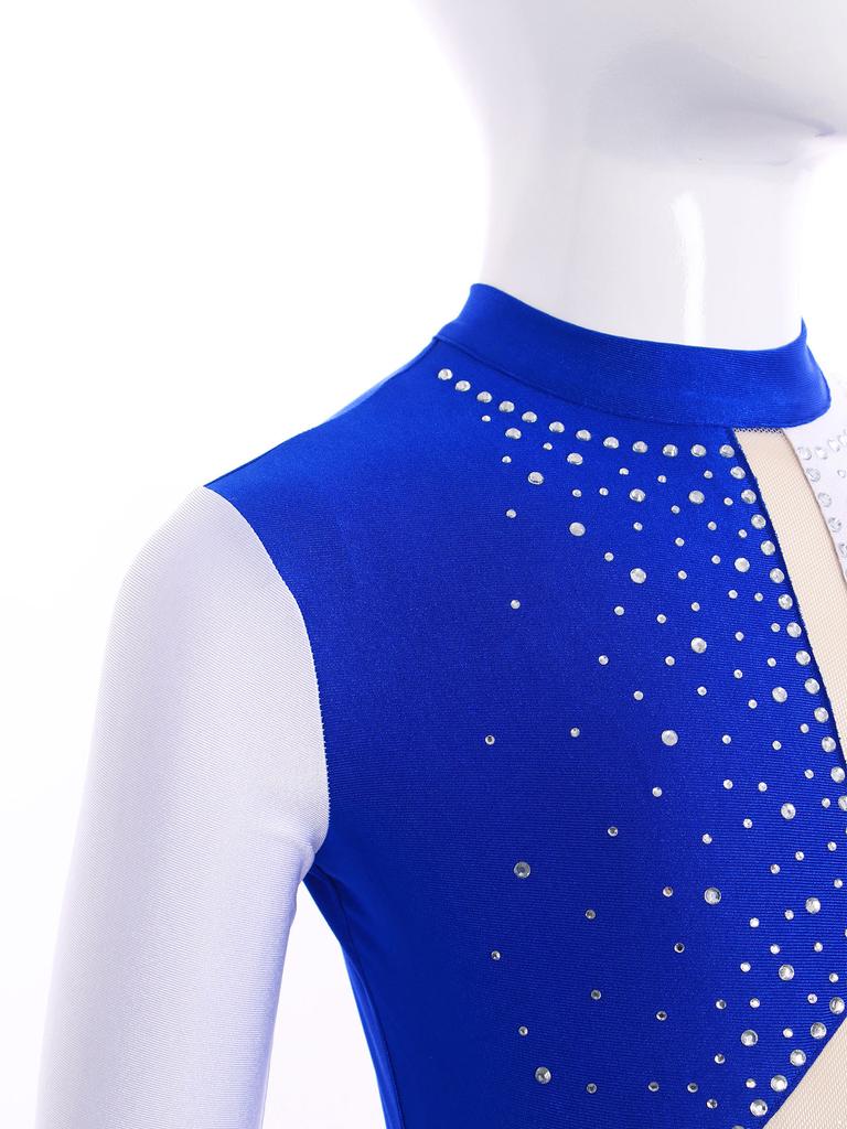 Mädchen Turnanzug Langarm Schlüsselloch Rücken Farbblock Patchwork Funkelnde Strasssteine Body für Tanzwettbewerb