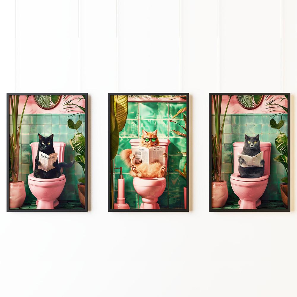 Humor Funny Cats Reading The Newspaper on Toilet Art Canvas Print Painting Poster for Living Room Bathroom Home Wall Decoration