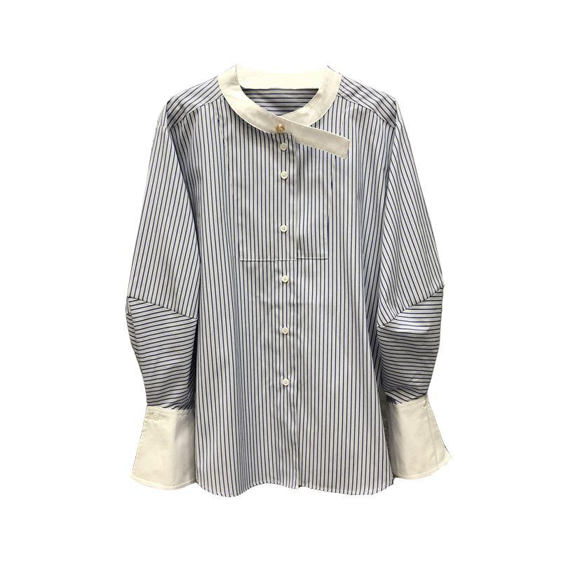 

Xiaozi Xixi Classy Lantern Sleeve Loose European Blouse Blue Stripe L