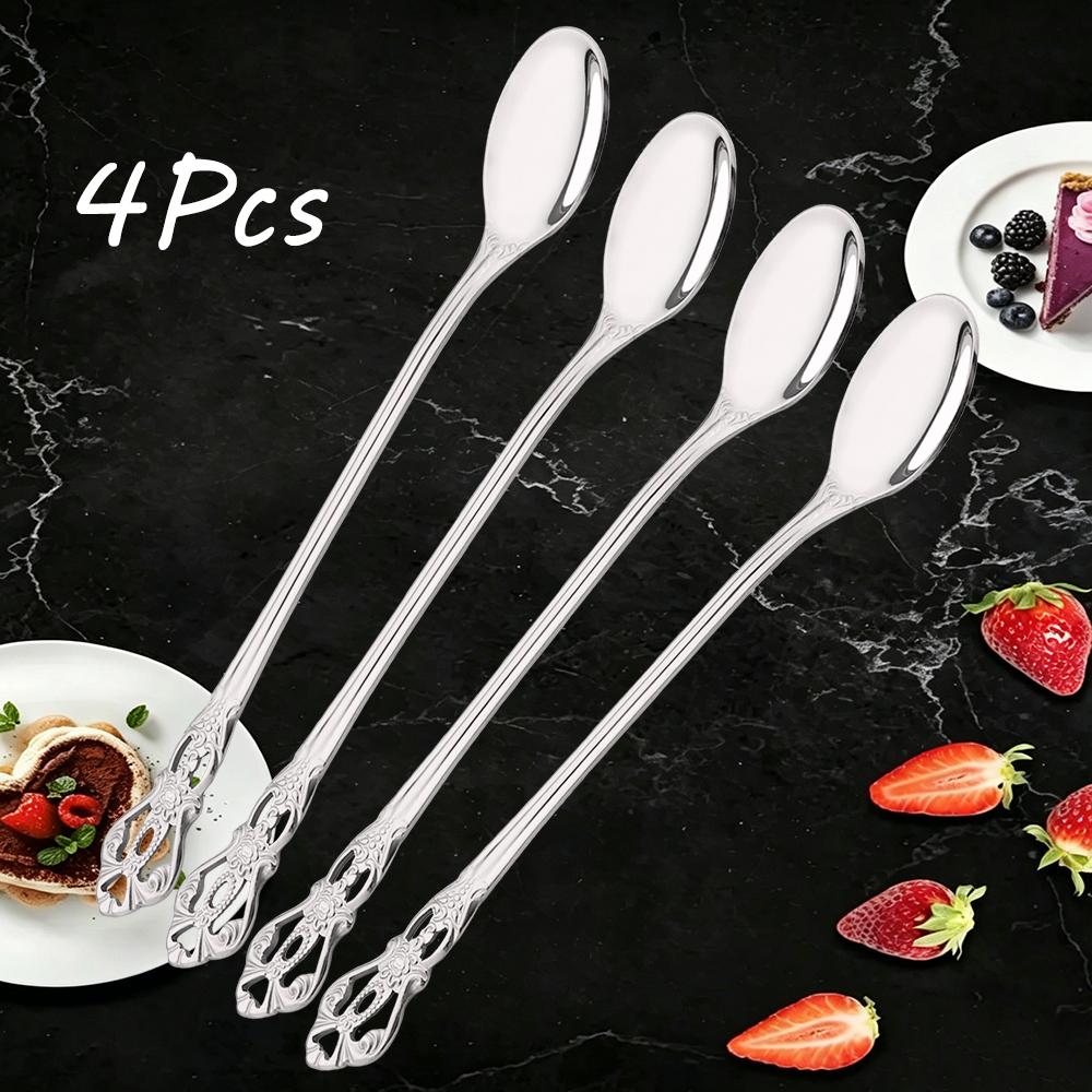4Pcs Stainless Steel Long-Handled Ice Teaspoon Coffee Spoon Ice Cream Stirring Spoon Kitchen Accessories Tableware Set