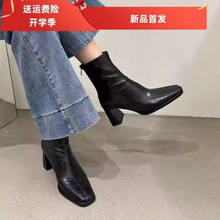 Fashion NEW Autumn Women Boots Genuine Leather Shoes Women Square Toe Chunky Heel Shoes Zip Short Modern Boots Belt Buckle Daily Shoes