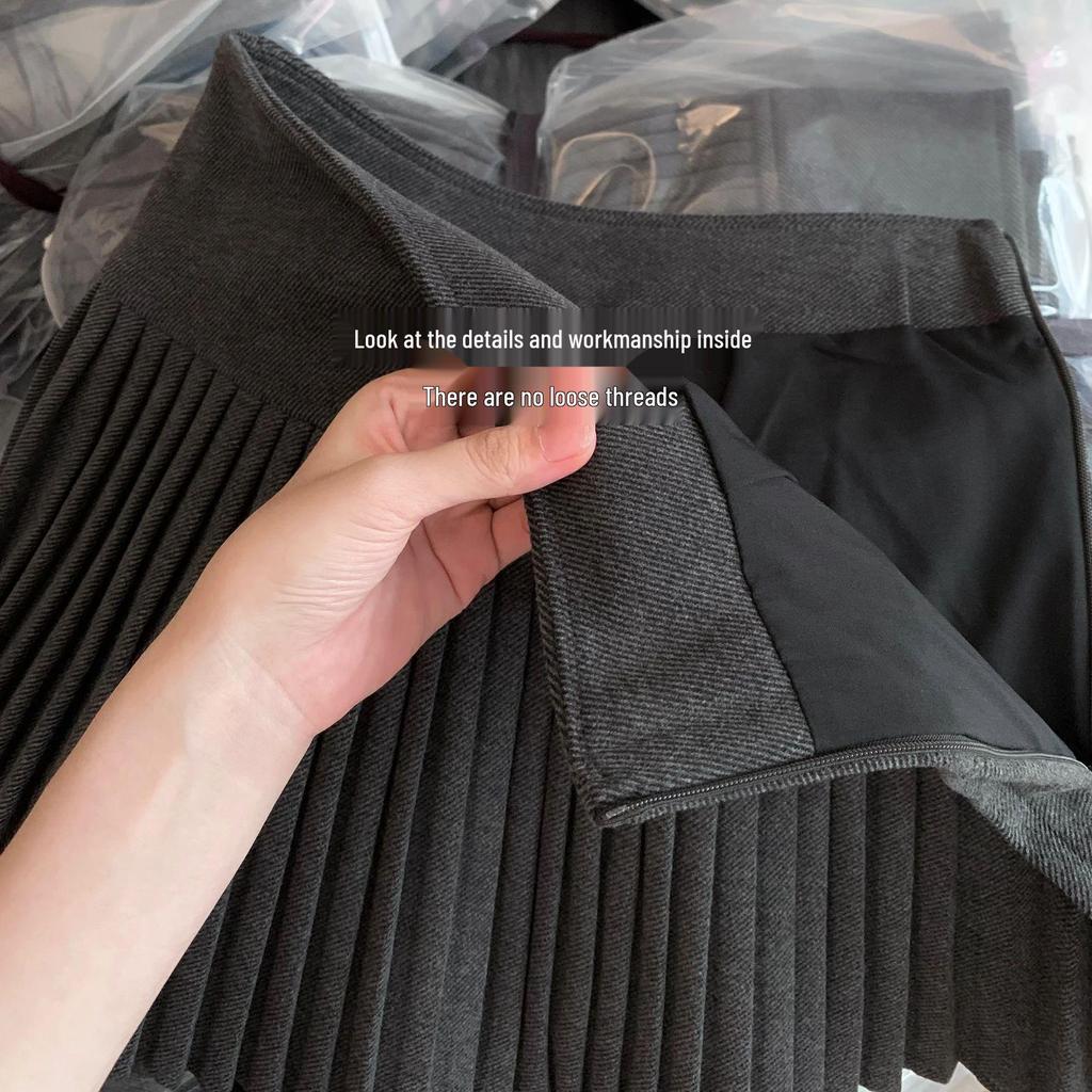 Plus Size Women's High Waist A-Line Grey Wool Blend Pleated Short Skirt for Spring/Autumn