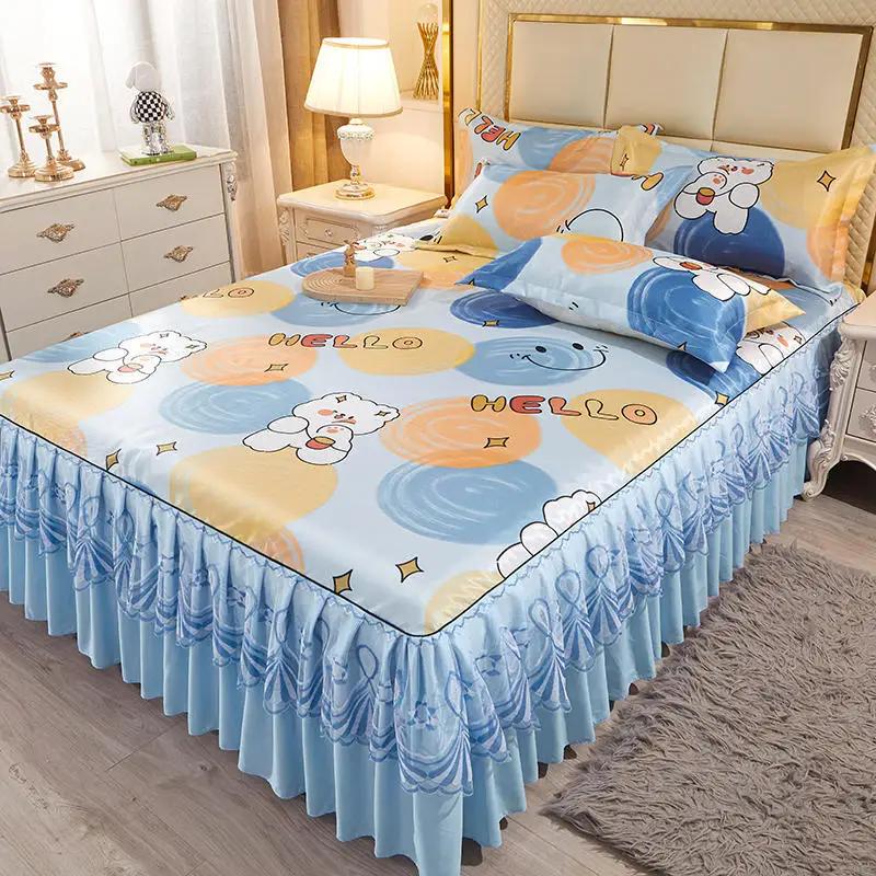 3 Teile/los Doppelbettlaken-Set, klassische Spitze, Königsblau, Bettlaken, Bettrock, maschinenwaschbar, Hochzeit, Tagesdecke, Matratzenbezug