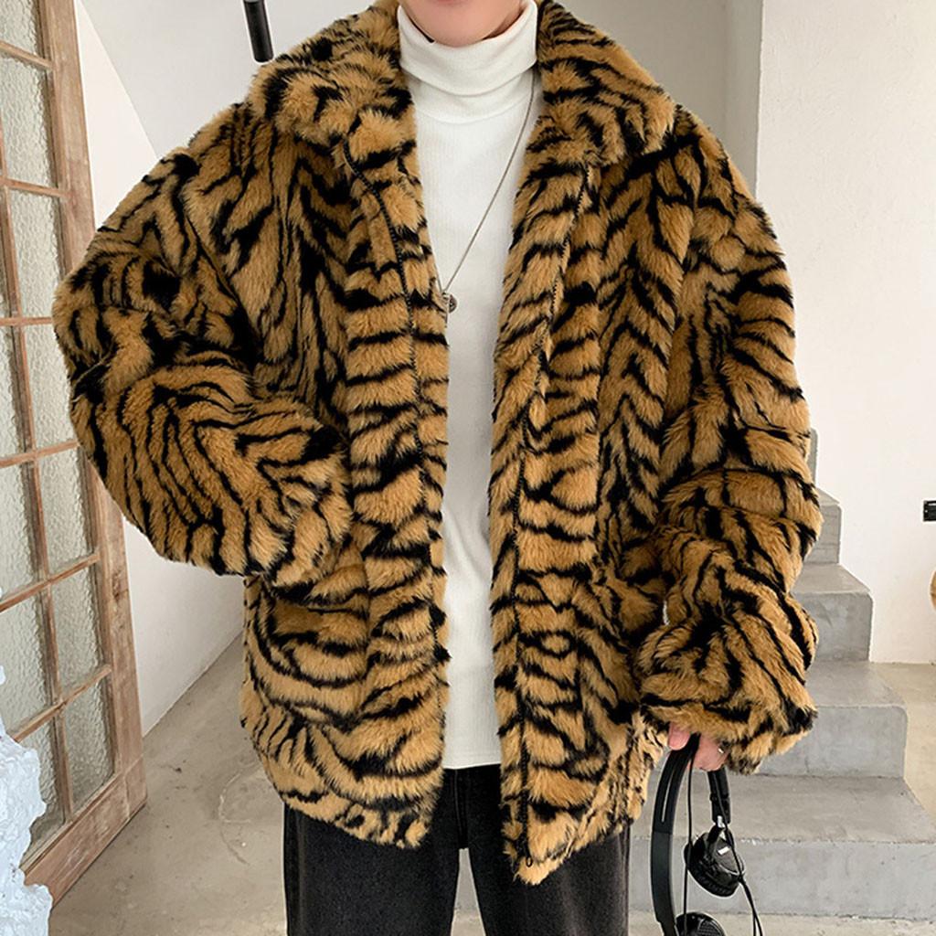 Men Leopard Winter Warm Fashion  Outdoor Woolen Faux-Fur' Coat Collar OverCoat