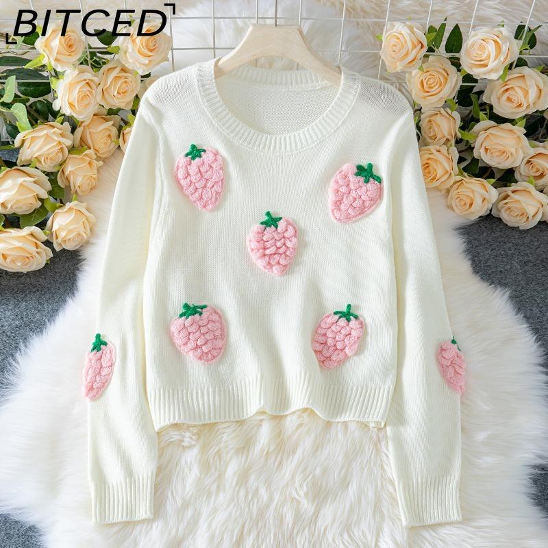 BITCED Сладкий пуловер с 3D клубничным узором для осенизимы женский свитер элегантный трикотажный топ с длинным рукавом XL 2379₽