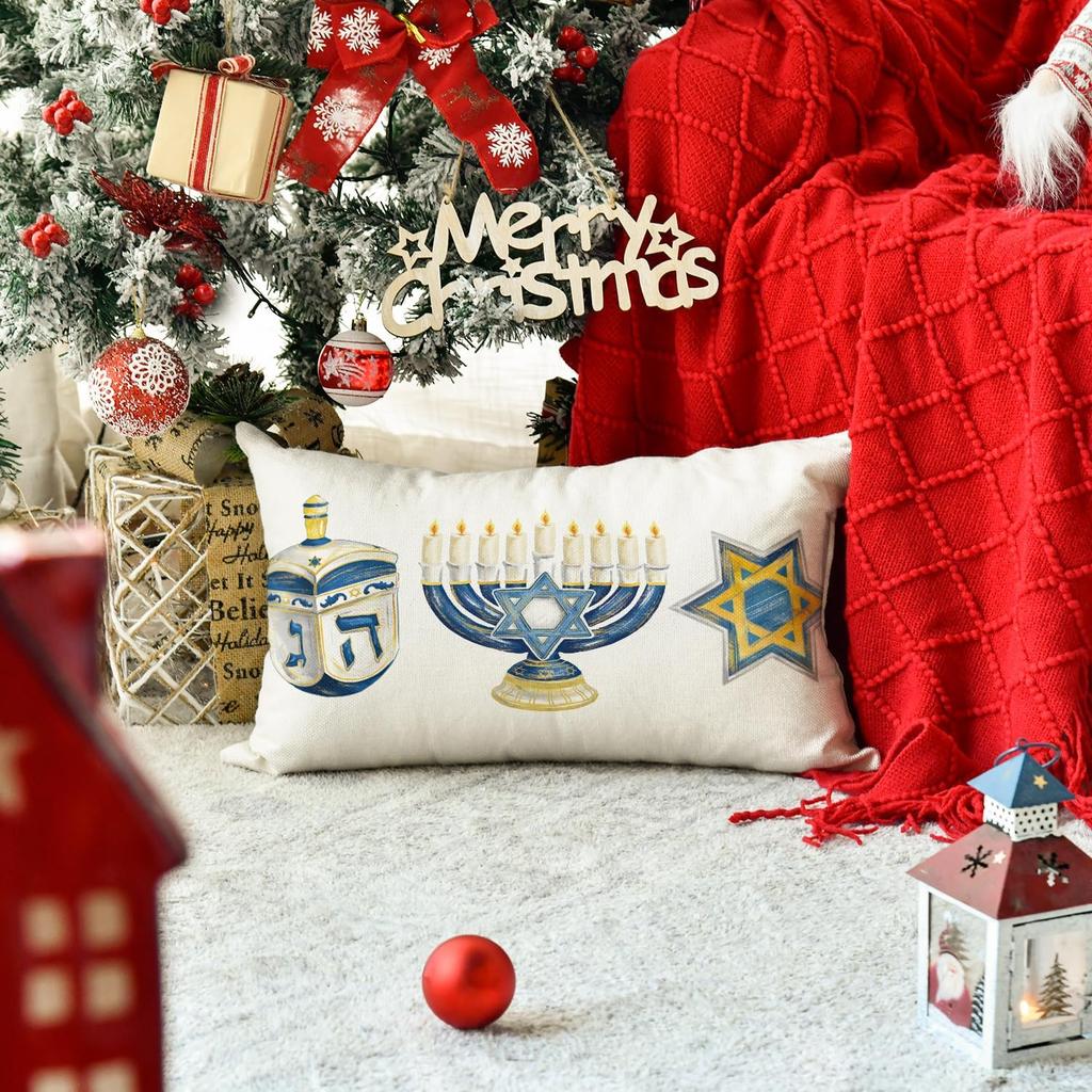 AVOIN colorlife Hanukkah Menorah Light Star of David Throw Pillow Cover, 12 x 20 Inch Chanukah Dreidel Hexagram Holiday Cushion Case for Sofa Couch