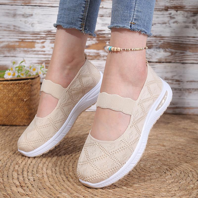 Knit Mesh Slip-On Sneakers for Women, Comfortable Air Cushion Sole Breathable Casual Walking Shoes with Mary Jane Strap
