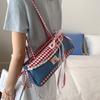 Denim Blue French Stick Handbag Sweet Cloth Underarm Bags Portable Plaid Shoulder Bag  Daily