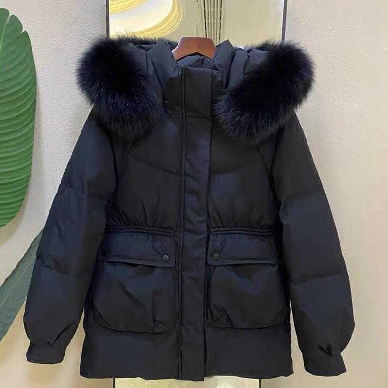 Women's Winter Autumn Hooded Fur Collar White Duck Down Jacket Coat Loose Solid Color Big Pocket Thicken Down Coat