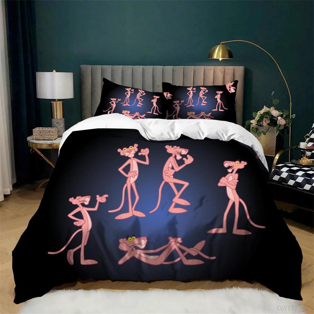 3-teiliges Pink Panther Show Bettwäsche-Set Leichte Bettbezug-Garnitur Einzelbett Gemütlich Ultra Weicher Bettbezug mit Kissenbezügen