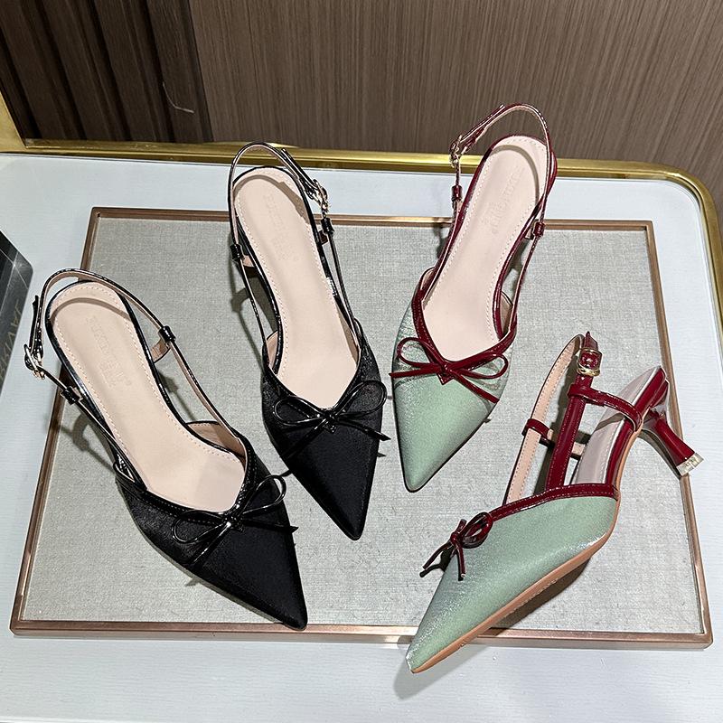 Fuxing - Tacones altos de aguja con punta francesa y lazo para mujer: elegantes sandalias de punta cerrada para el verano