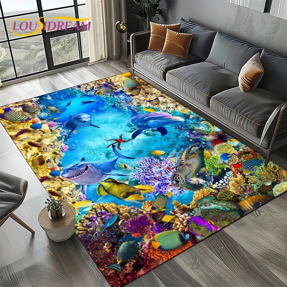 Underwater World 3D Illusion Seabed Cartoon Shark Dolphin Carpet Rug for Living Room Bedroom Home Sofa Decoration,Floor Mat Kid